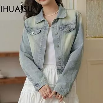 IHUASU женская винтажная повседневная джинсовая куртка с длинным рукавом и воротником-поло на осень и зиму и пальто S синий