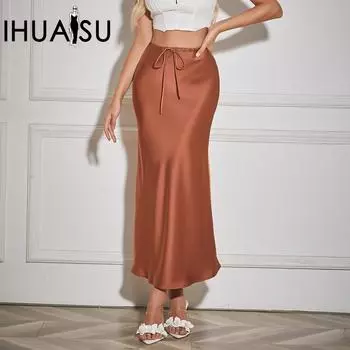 IHUASU Женская высококачественная атласная длинная юбка с высокой талией и завязками на шнурке, однотонная юбка-халтер S чёрный