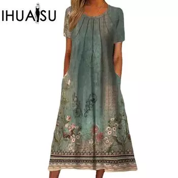 IHUASU Женские элегантные платья миди с коротким рукавом и принтом, весна/лето S зелёный