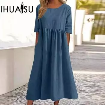 IHUASU Женские летние хлопковые льняные повседневные платья с коротким рукавом и карманами, плиссированные, свободные, с круглым вырезом S чёрный