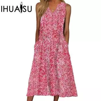 IHUASU Женские летние платья без рукавов с цифровым принтом и V-образным вырезом, длинные свободные, с цветочным принтом S розовый