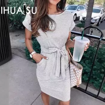 IHUASU Женские летние платья-туники с круглым вырезом и коротким рукавом в полоску S розовый