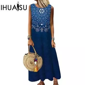 IHUASU Женские летние позиционирующие цветочные круглые безрукавные свободные печатные платья длинные платья S лазурь
