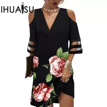 IHUASU Женские летние сетчатые платья с V-образным вырезом и рукавом пять четвертей S