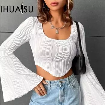 IHUASU женские летние тонкие топы с U-образным вырезом, узором «водная волна», облегающая расклешенная футболка с длинными рукавами S чёрный