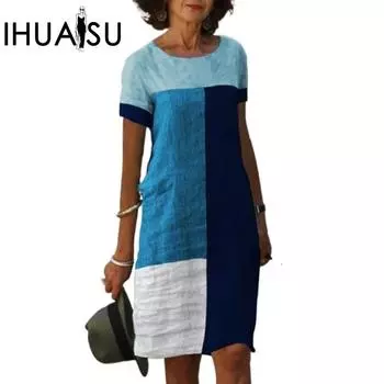 IHUASU Женские летние трендовые платья с индивидуальным позиционированием в клетку с круглым вырезом и коротким рукавом S чёрный/серый