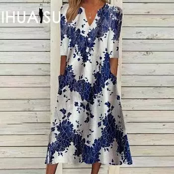 IHUASU женские весенне-летние модные платья с принтом на пуговицах и рукавами миди S