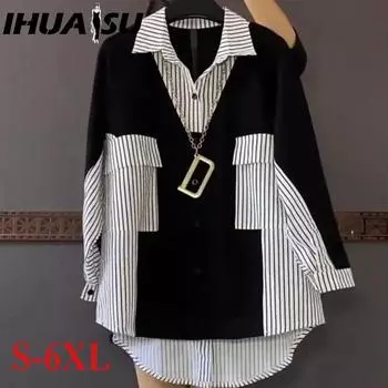 IHUASU Женские модные повседневные блузки и рубашки с длинным рукавом и воротником поло S белый/чёрный