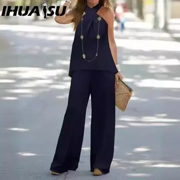IHUASU Женские модные повседневные брюки без рукавов с воротником-стойкой, однотонные, широкие брюки, комплект из двух предметов S белый