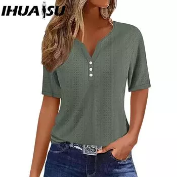 IHUASU Женские модные повседневные летние однотонные блузки и рубашки с v-образным вырезом и короткими рукавами с принтом S белый
