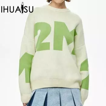IHUASU Женские модные повседневные однотонные свободные свитера с круглым вырезом и осенне-зимним принтом с длинными рукавами S зелёный