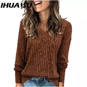 IHUASU Женские модные повседневные осенне-зимние однотонные блузки и рубашки с v-образным вырезом и длинным рукавом с принтом S