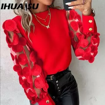 IHUASU Женские модные повседневные осенне-зимние однотонные блузки и рубашки с круглым вырезом и длинными рукавами с принтом S синий