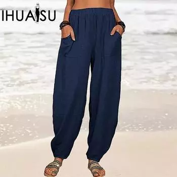 IHUASU женские однотонные свободные повседневные брюки из хлопка и конопли, домашние брюки S белый
