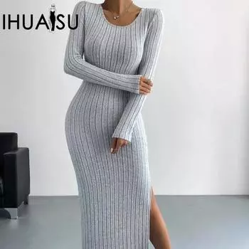 IHUASU женские осенне-зимние длинные трикотажные платья с круглым вырезом и разрезом XS чёрный