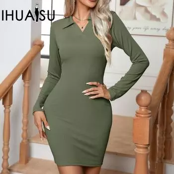 IHUASU женские осенние и зимние платья с воротником-поло и длинным рукавом, короткие юбки, комплекты платьев до бедра S чёрный