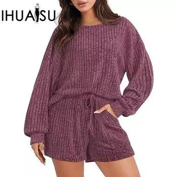 IHUASU женские осенние и зимние шерстяные шорты в полоску с длинными рукавами, женский комплект из двух предметов S чёрный