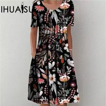 IHUASU Женские платья миди с круглым вырезом и карманами на весну/лето с цветочным принтом S красный