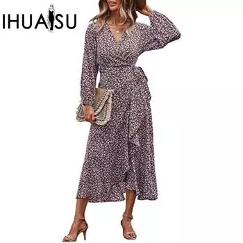IHUASU женские платья осень-зима с длинным рукавом и запахом, длинные платья с цветочным принтом и V-образным вырезом S хаки
