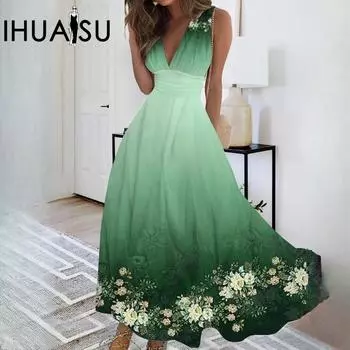 IHUASU Женское платье-платье с глубоким V-образным вырезом без рукавов, сексуальное, с высокой талией, с большим качелями, атласное S зелёный