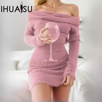 IHUASU женские платья платья сексуальные платья без бретелек длинный рукав один вырез пакет бедра платья S чёрный