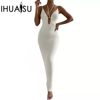 IHUASU Женские платья Pure Desire Sexy Hollowed Out Strappy Neck Halter Splicing Dresses Long Dresses для женщин S хаки