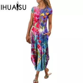 IHUASU Женские платья с круглым вырезом и коротким рукавом с карманами и принтом S красный