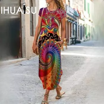 IHUASU женские платья с круглым вырезом и коротким рукавом с карманами и принтом S
