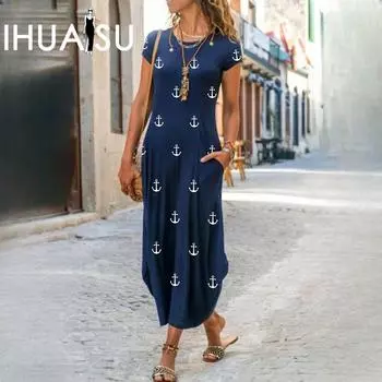 IHUASU женские платья с круглым вырезом и коротким рукавом с карманами и принтом S коричневый