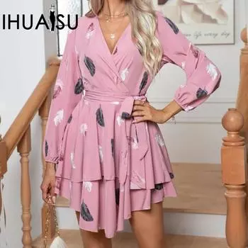 IHUASU женские платья с многослойным подолом и V-образным вырезом с принтом перьев, женские платья с длинными рукавами и оборками S чёрный