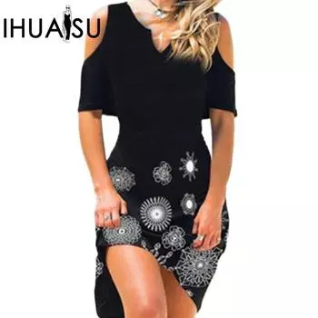 IHUASU Женские платья с V-образным вырезом, без бретелек, с короткими рукавами и принтом S