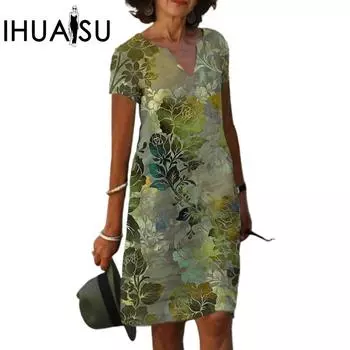 IHUASU женские платья весна/лето с принтом и V-образным вырезом с коротким рукавом S абрикосовый