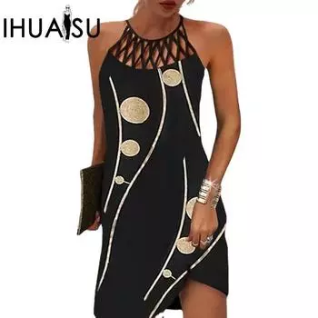 IHUASU женские весенне-летние повседневные платья без рукавов в этническом стиле с сетчатым поясом и принтом S хаки/чёрный