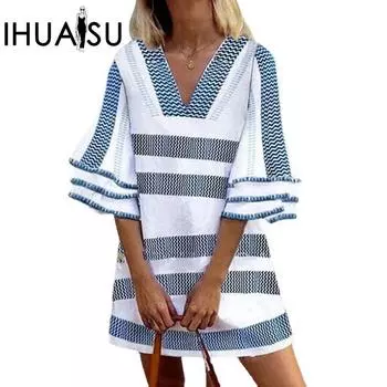 IHUASU Женские повседневные полосатые принтованные свободные платья-пуловеры миди XL синий