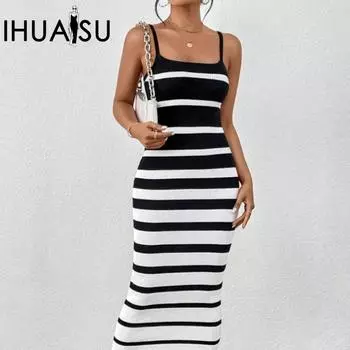 IHUASU Женские сексуальные платья-халатки в полоску с бретельками через шею, длинные платья S чёрный