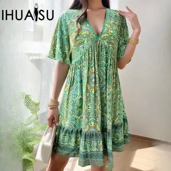 IHUASU Женские весенне-летние праздничные повседневные платья с принтом и V-образным вырезом S зелёный