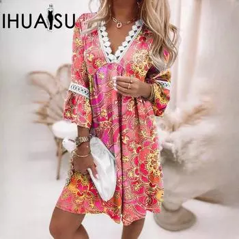 IHUASU Женские весенние платья с V-образным вырезом, кружевным принтом, в стиле бохо, повседневные, праздничные платья S белый