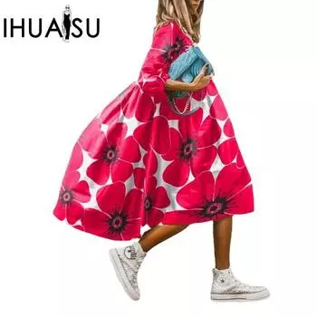 IHUASU женские весенние повседневные платья с круглым вырезом и свободной талией с принтом и длинными рукавами S красный