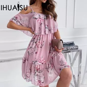 IHUASU Женские весенние шифоновые принтованные платья без бретелек сексуальные модные платья S белый