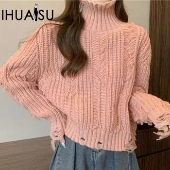 IHUASU Женский дизайнерский джемпер с бахромой и рваными отверстиями, свитер с высоким воротом, пуловер, осенне-зимний теплый вязаный свитер, топы One Size молочный белый