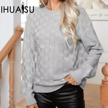 IHUASU Женский дизайнерский свитер в трехмерную клетку с чувством повседневности. Свободный осенне-зимний трикотажный свитер с длинными рукавами. S синий