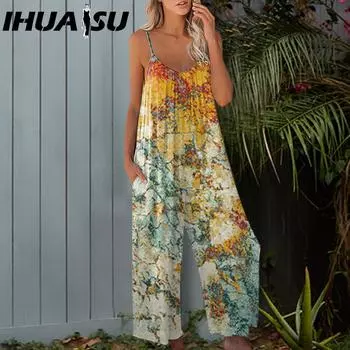 IHUASU Женский комбинезон с бретелькой через шею, комбинезон с принтом тай-дай, широкие брюки S чёрный