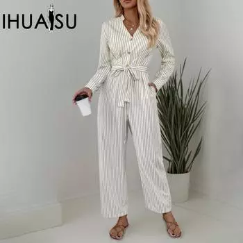 IHUASU женский комбинезон с V-образным вырезом брюки в стиле пригородного туризма полосатый галстук комбинезон S абрикосовый