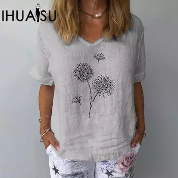 IHUASU Женский короткий рукав Хлопок Льняной свободный повседневный топ Путунхуа с принтом S серый