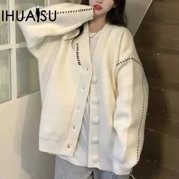 IHUASU Женский ленивый стиль свитер кардиган куртка свободная верхняя одежда дизайнерский топ трикотаж One Size белый
