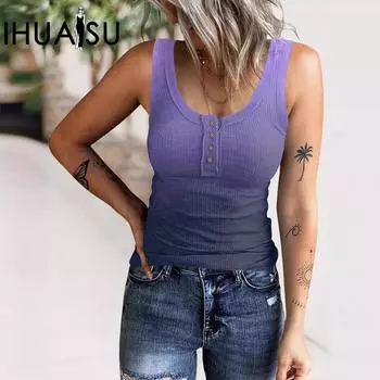 IHUASU женский летний комбинированный жилет без рукавов с градиентом цвета модный облегающий пуловер на пуговицах топ S