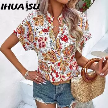 IHUASU Женский летний модный топ с цветочным принтом и V-образным вырезом, короткими рукавами S красный