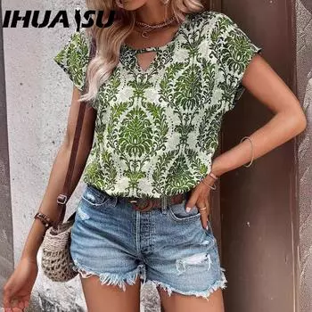 IHUASU Женский летний модный универсальный мешковатый топ с V-образным вырезом и рукавами летучая мышь S армия зеленый