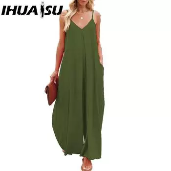 IHUASU Женский летний однотонный повседневный комбинезон с широкими штанинами и карманами S бордовый