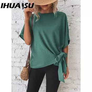 IHUASU Женский летний однотонный свободный топ с рукавами «летучая мышь» и узлом на подоле S чёрный